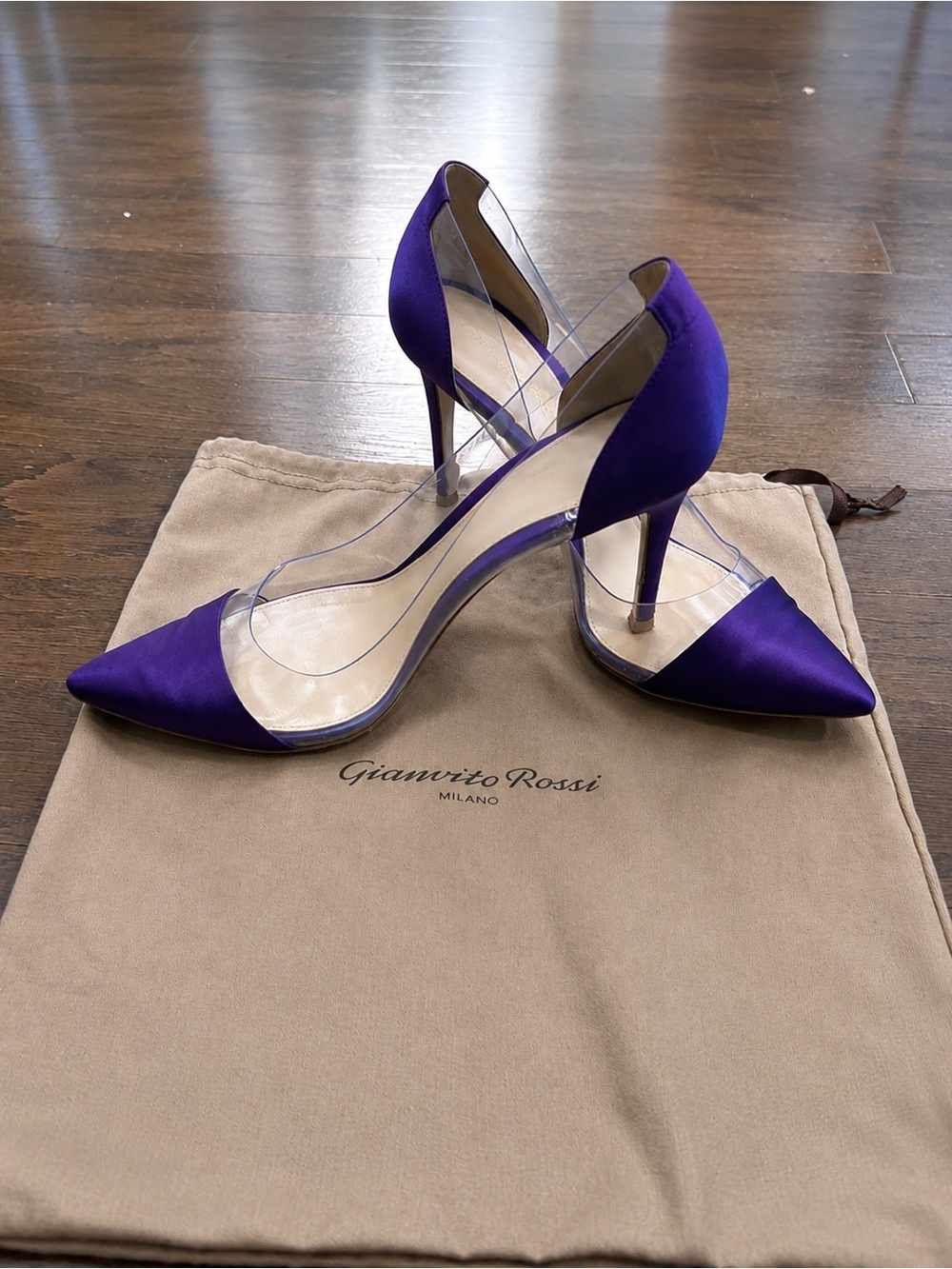 Gianvito Rossi Purple Satin Pointed-Toe Clear-Panel Pump